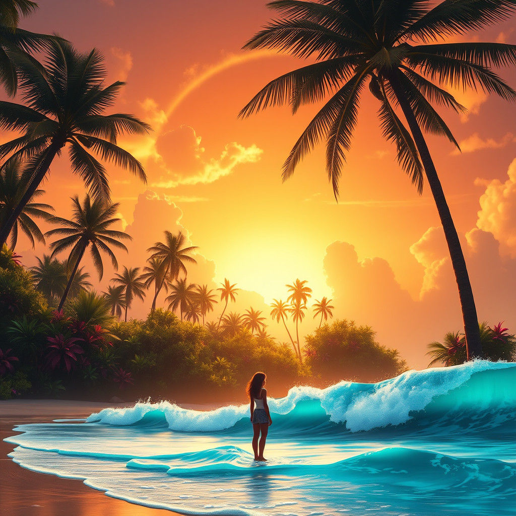 Girl on Beach at Sunset: Fantasy Concept Art