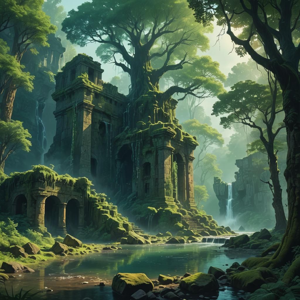 Mystical Forest Cascade: Fantasy Matte Painting