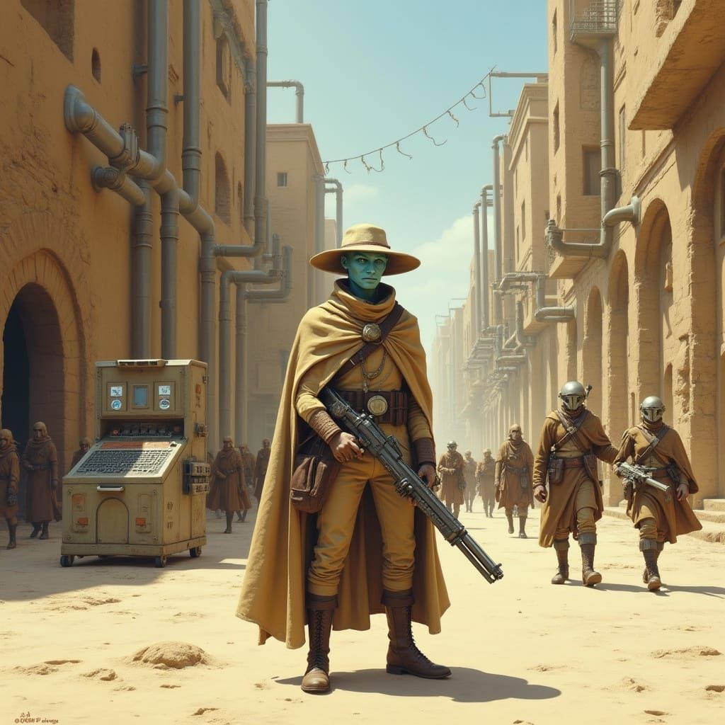 Cyberpunk Warrior Stands Tall in Futuristic Cityscape