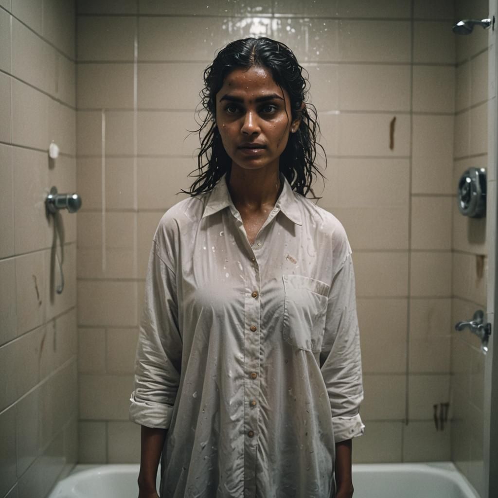 Cinematic Film Still of Woman Showering