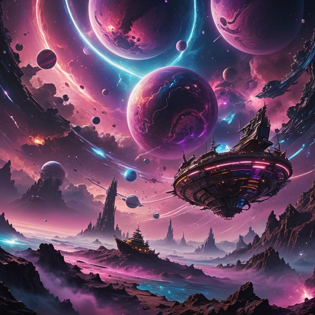 Neon Space Pirate Ship Over Ringed Planet