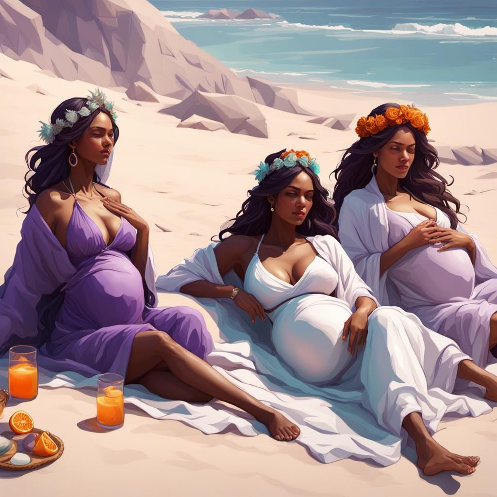 Pregnant Royalty Relaxing on Beach in Hyperdetailed Concept ...