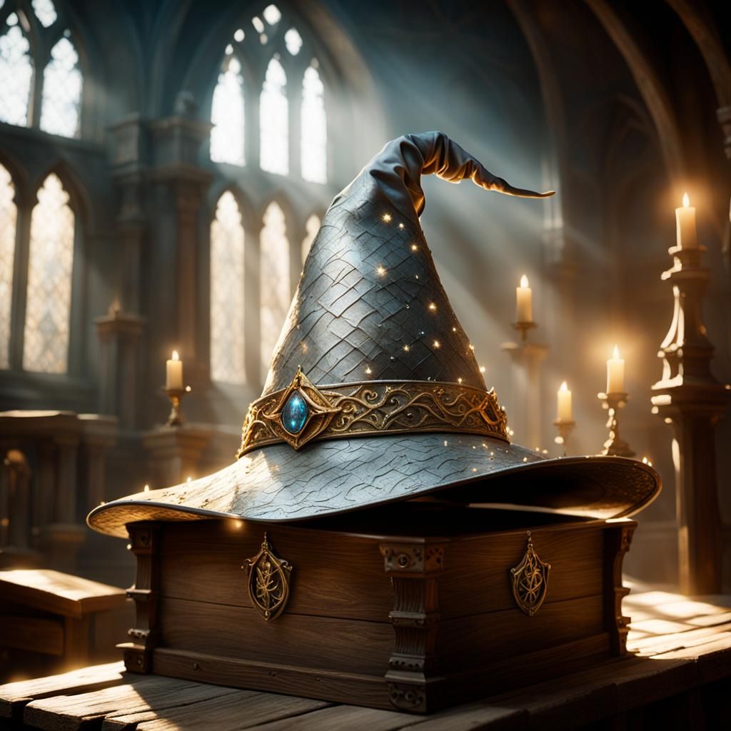 Hogwarts Witch Hat on Wooden Chest, Fantasy Art