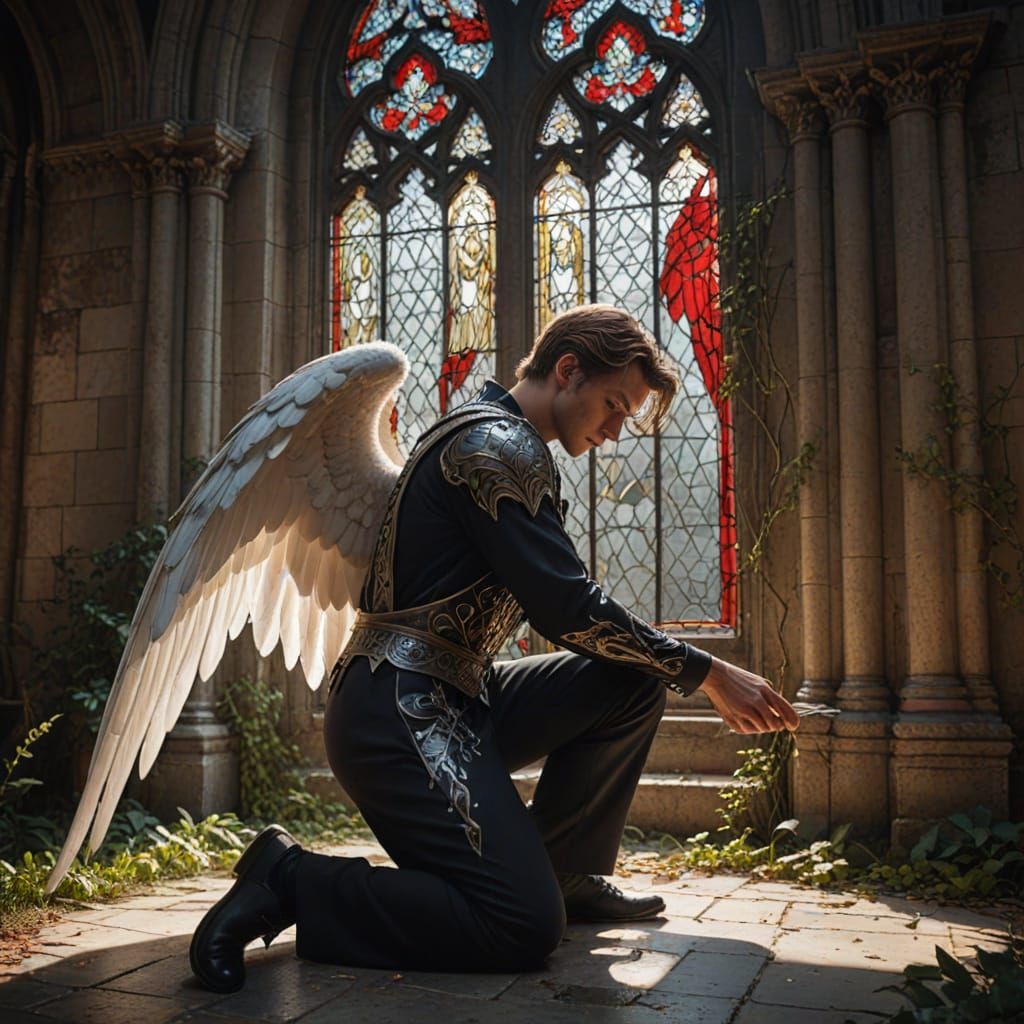 Handsome Devil Kneeling by Ornate Stained Glass Window