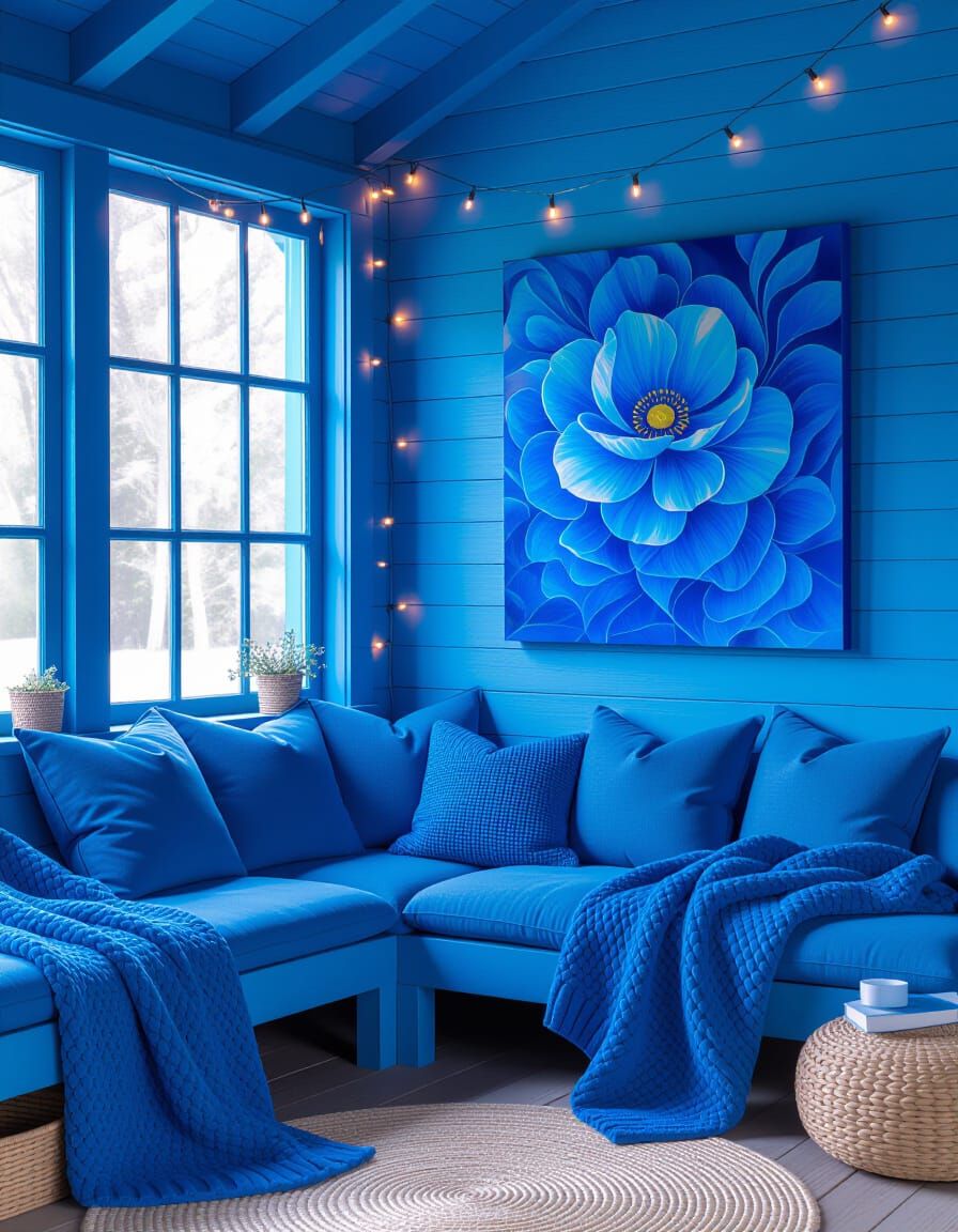Cozy Sapphire Blue Cabin with Abstract Flowers