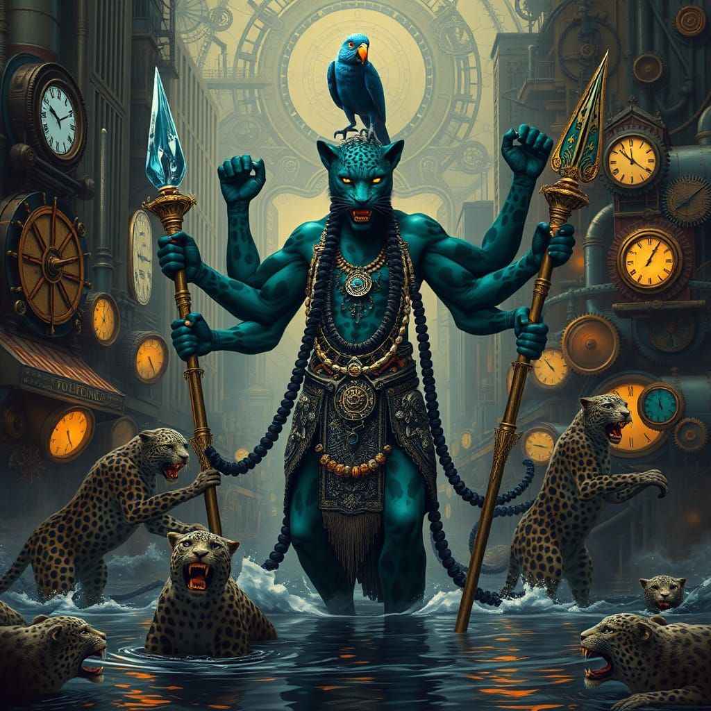 Leopard Shaman in Flooded City, Syd Mead Style