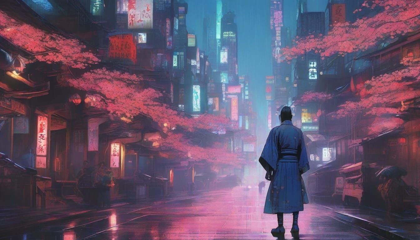 Samurai Meditates in Neon Cyberpunk Cityscape