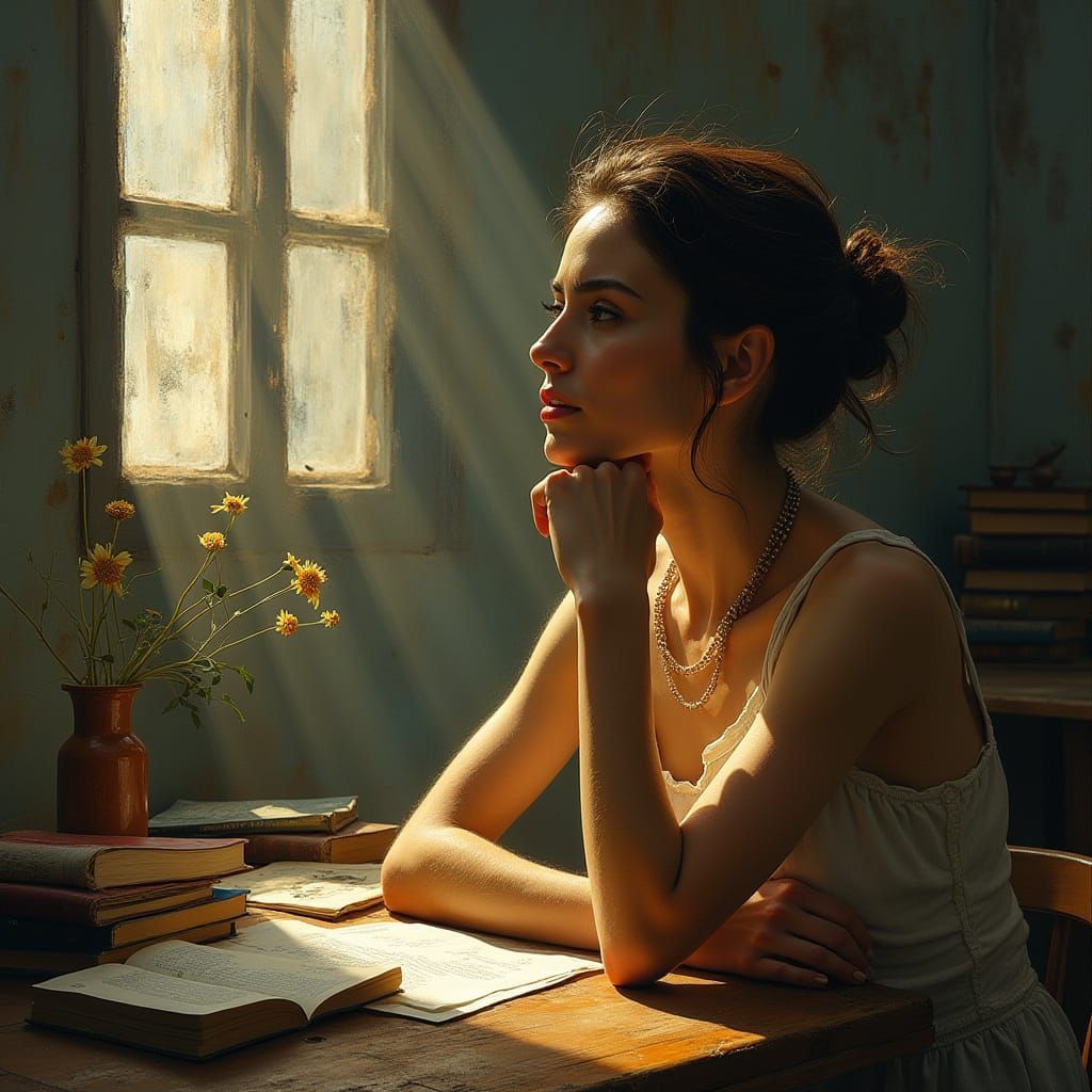 Introspective Woman in Minimalist Room, in Expressionist Sty...