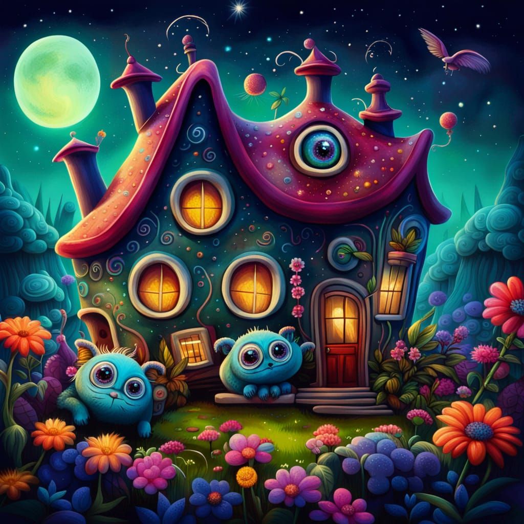 Monsters Under Bed in Surreal Starry House