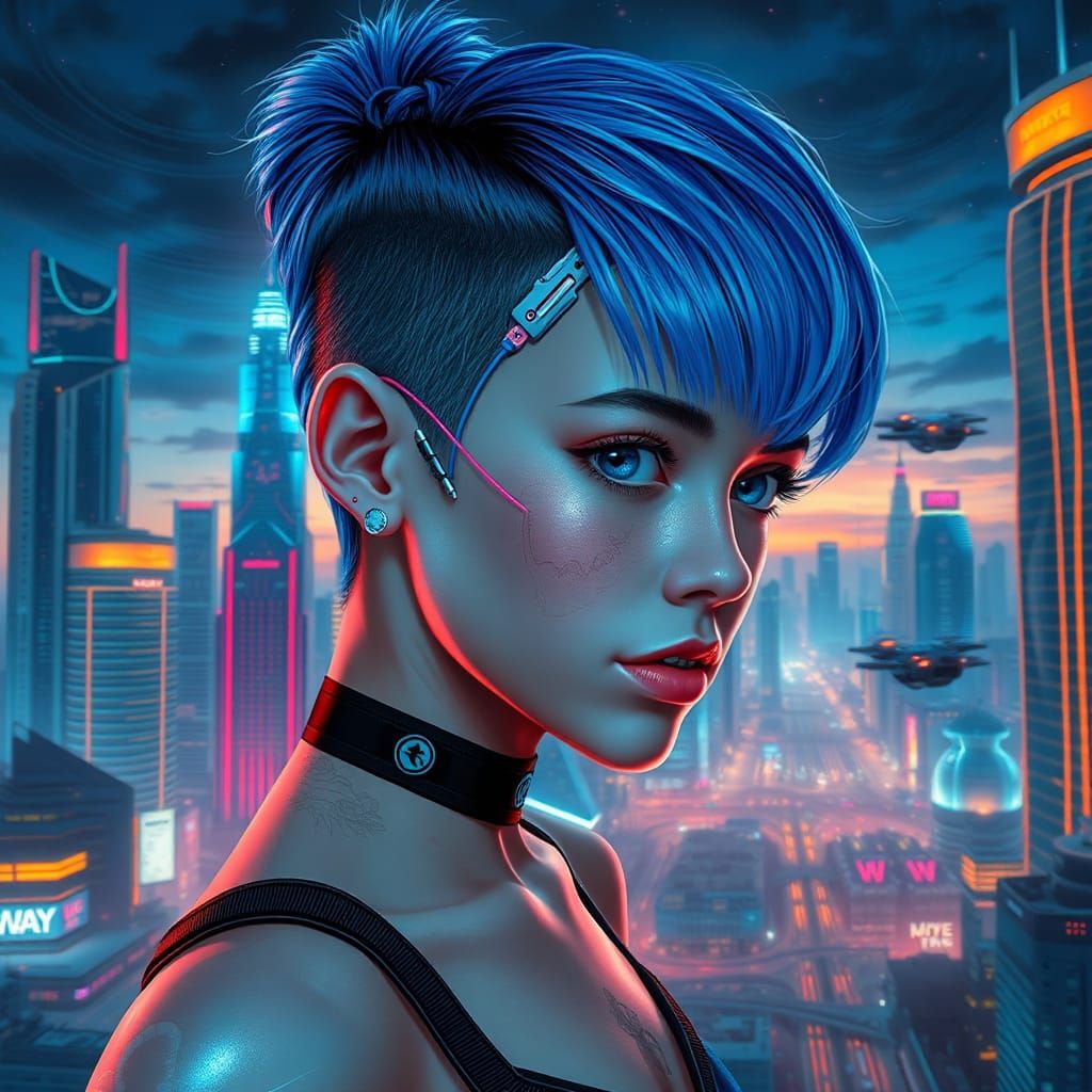 Cyberpunk Girl with Electric Blue Hair in Neon City