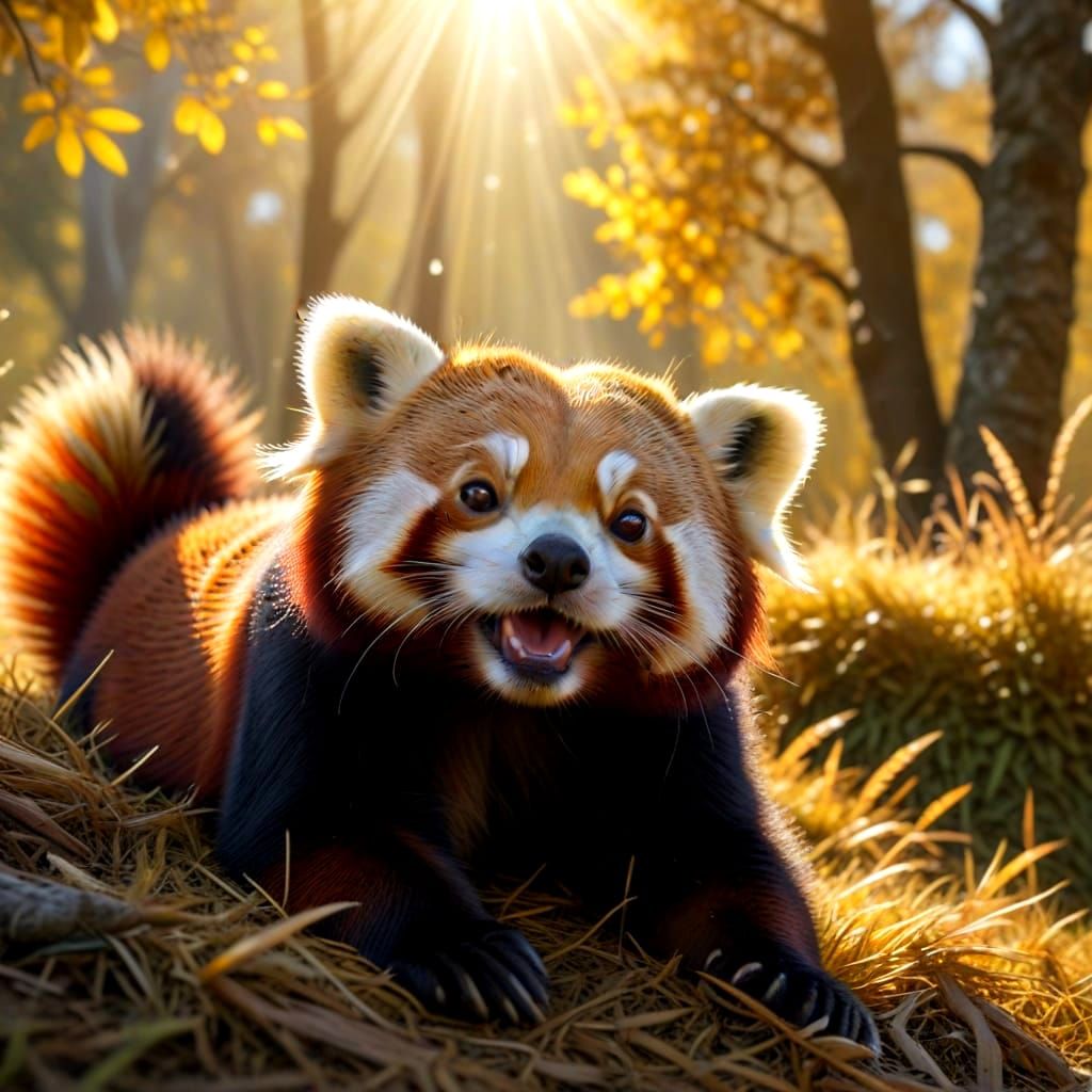 Red Panda Enjoys Autumn Sunshine in Detailed Matte Painting