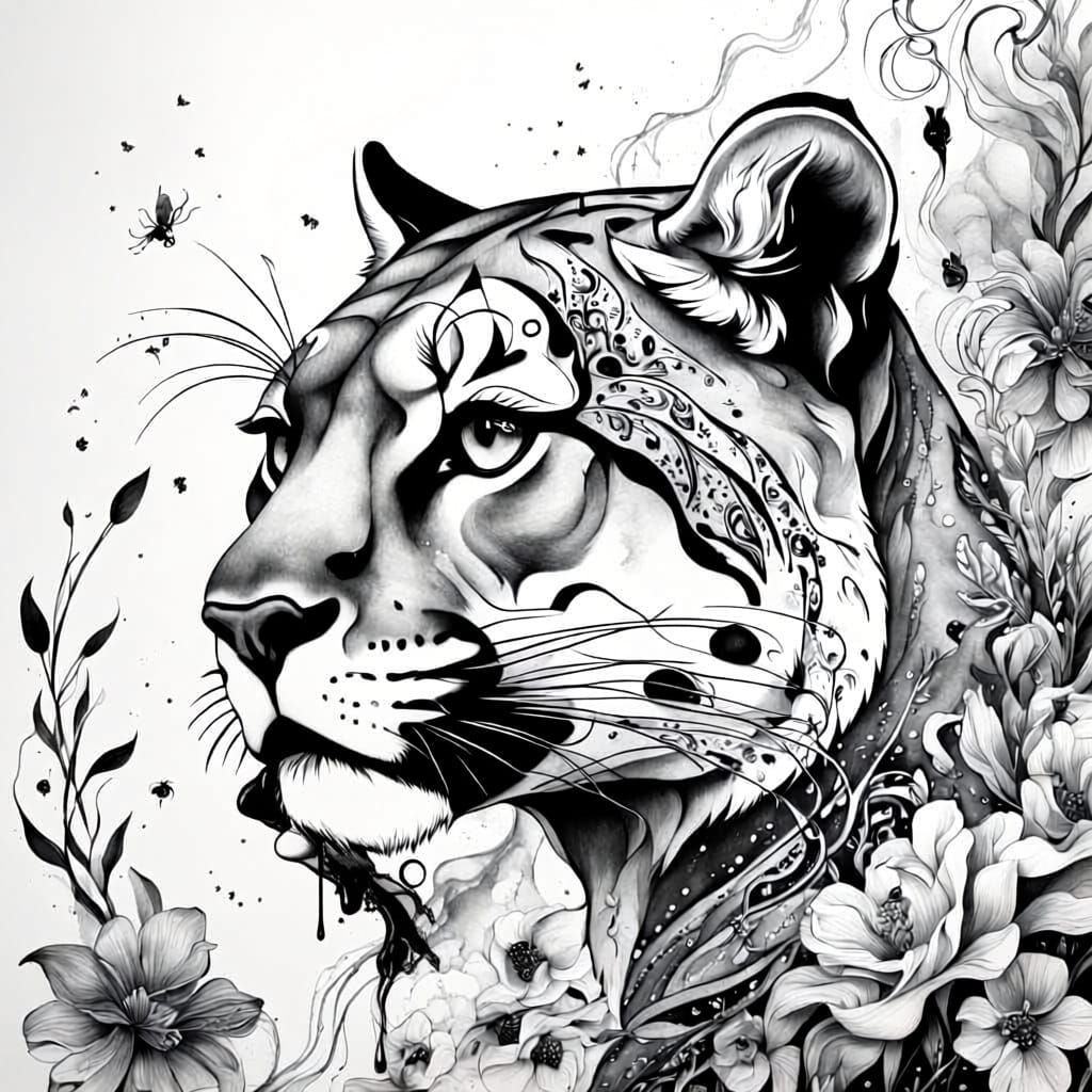 Cougar With Intricate Florals And Ink Drips