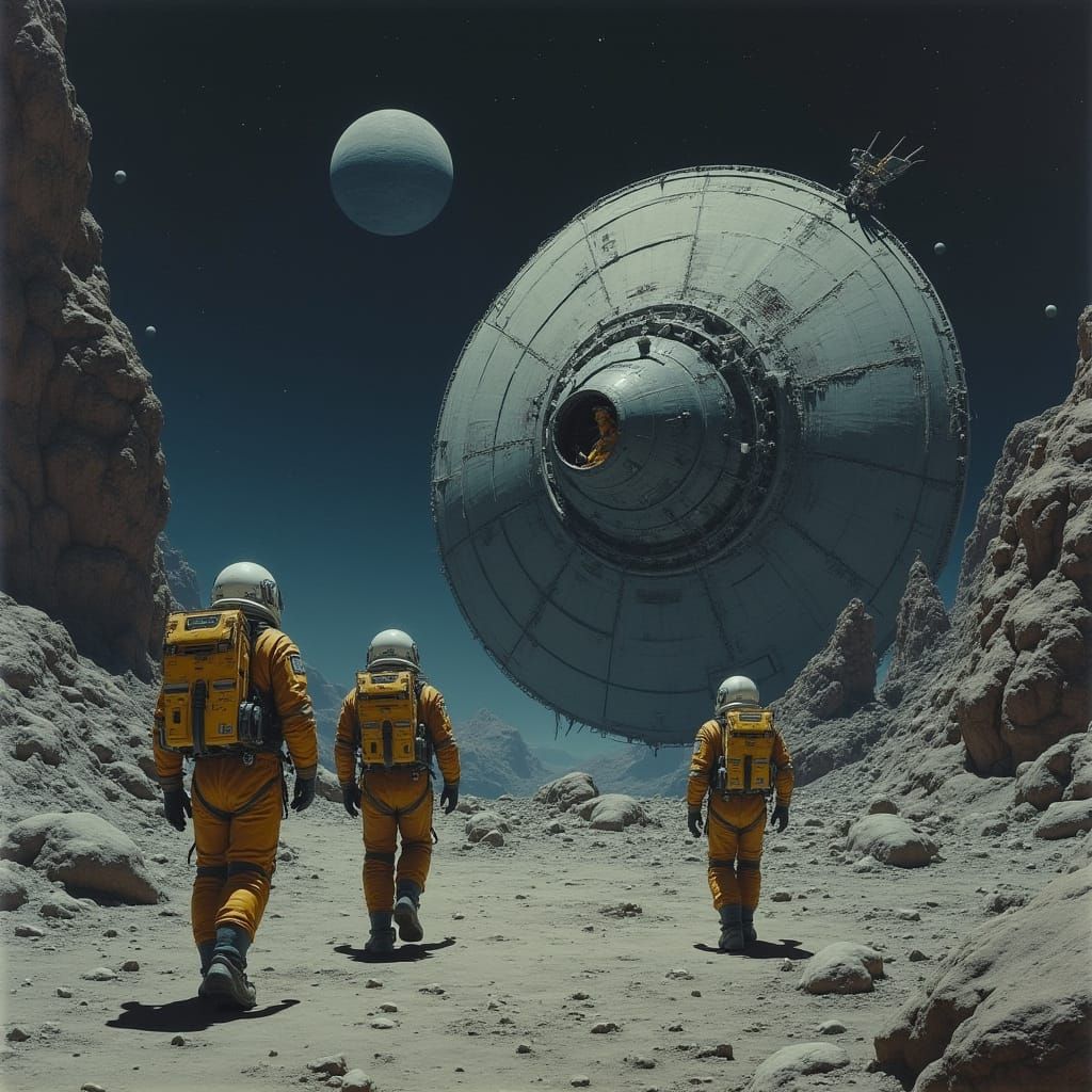 Giger Style Astronauts Discover Damaged Starship in Rocky La...