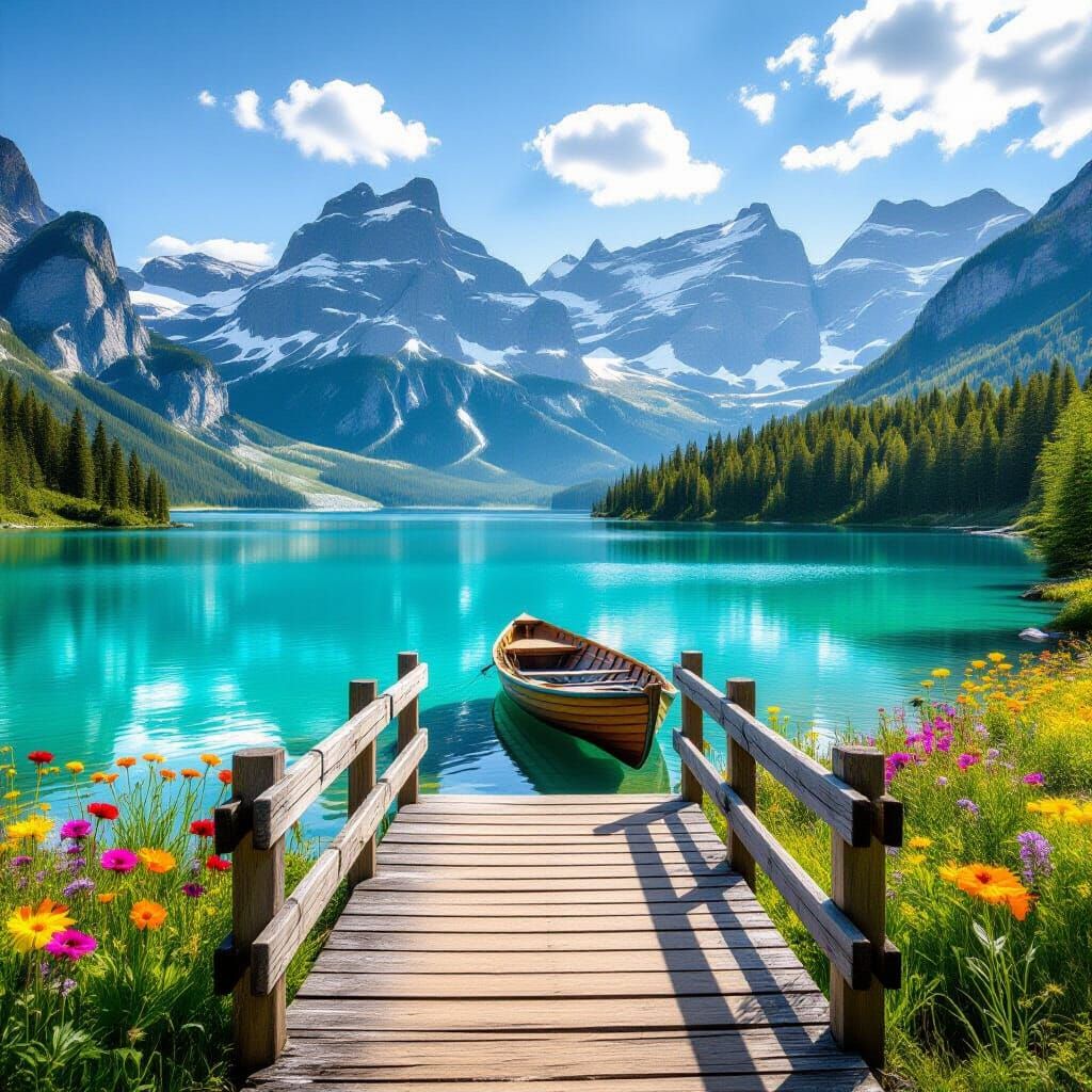 Turquoise Mountain Lake with Bridge and Boat
