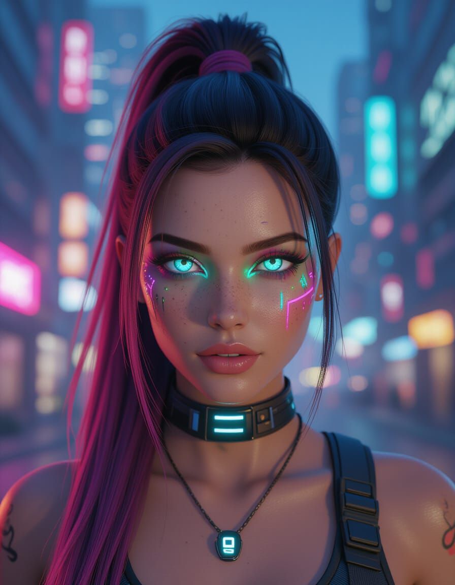 Cyberpunk Woman with Glowing Turquoise Eyes in City Lights