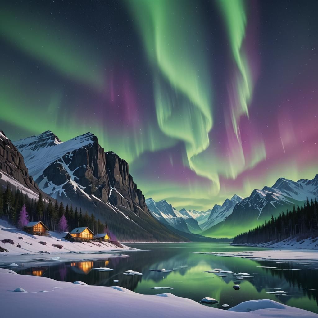 Aurora Borealis Over Frozen Lake, Stalenhag Style