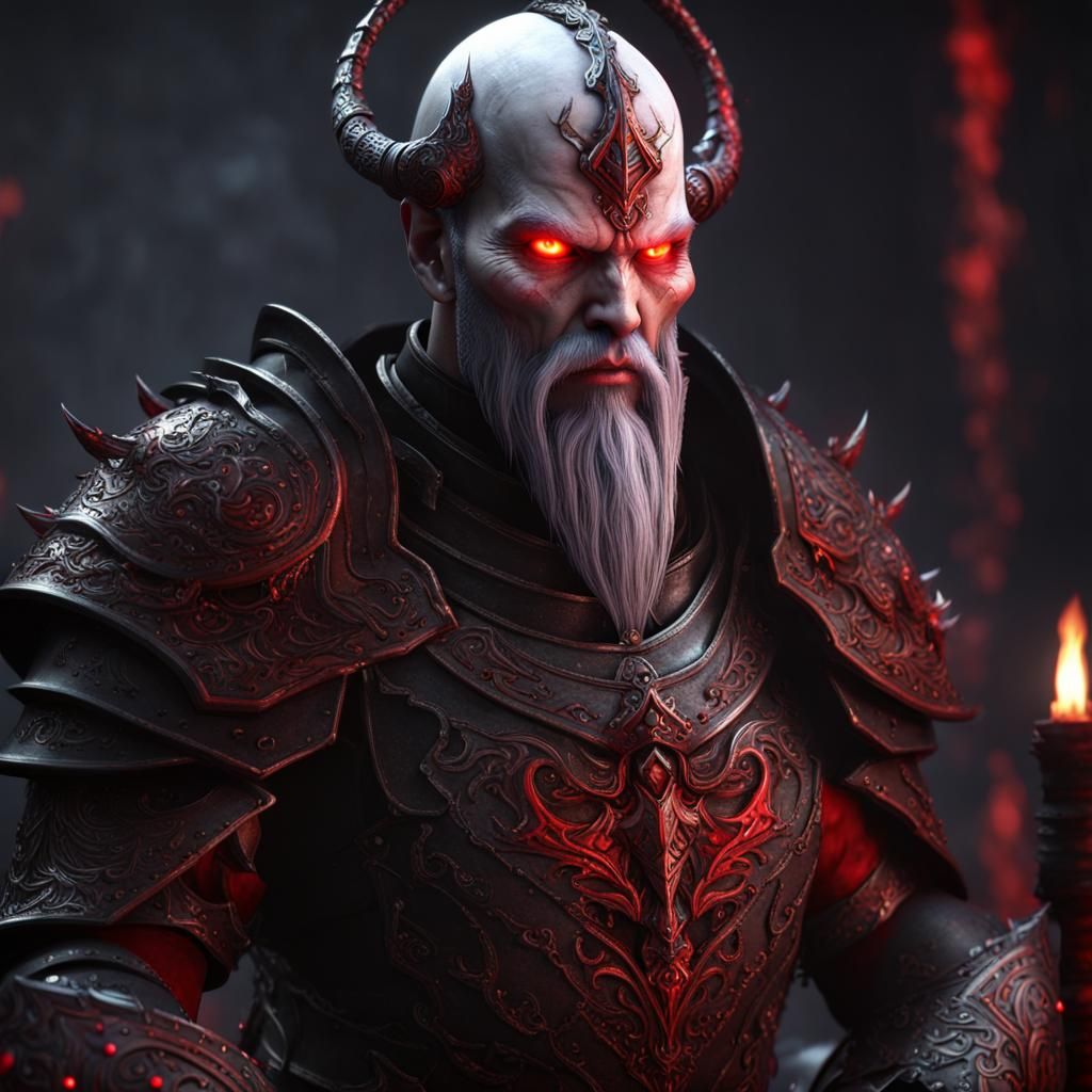 Fantasy Demon in Dark Temple with Red Armor