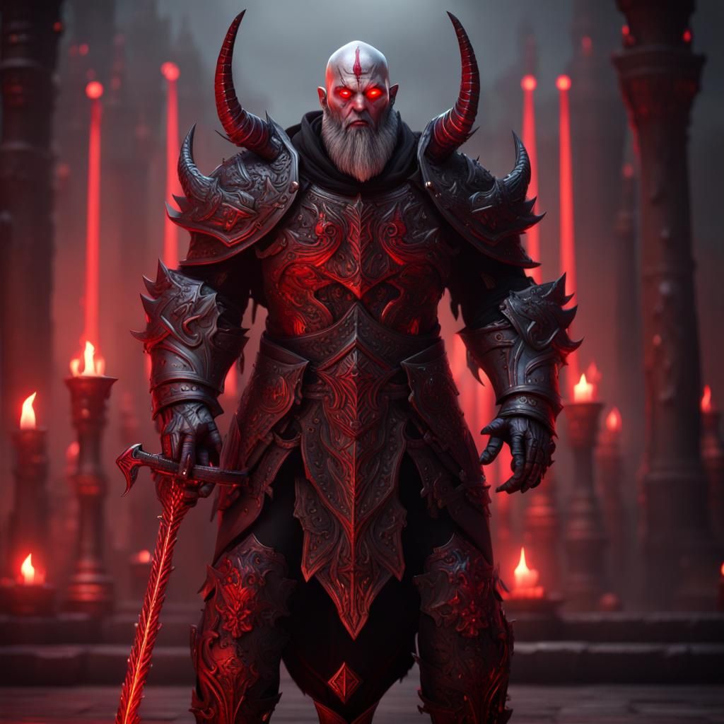 Fantasy Demon in Dark Temple with Red Armor