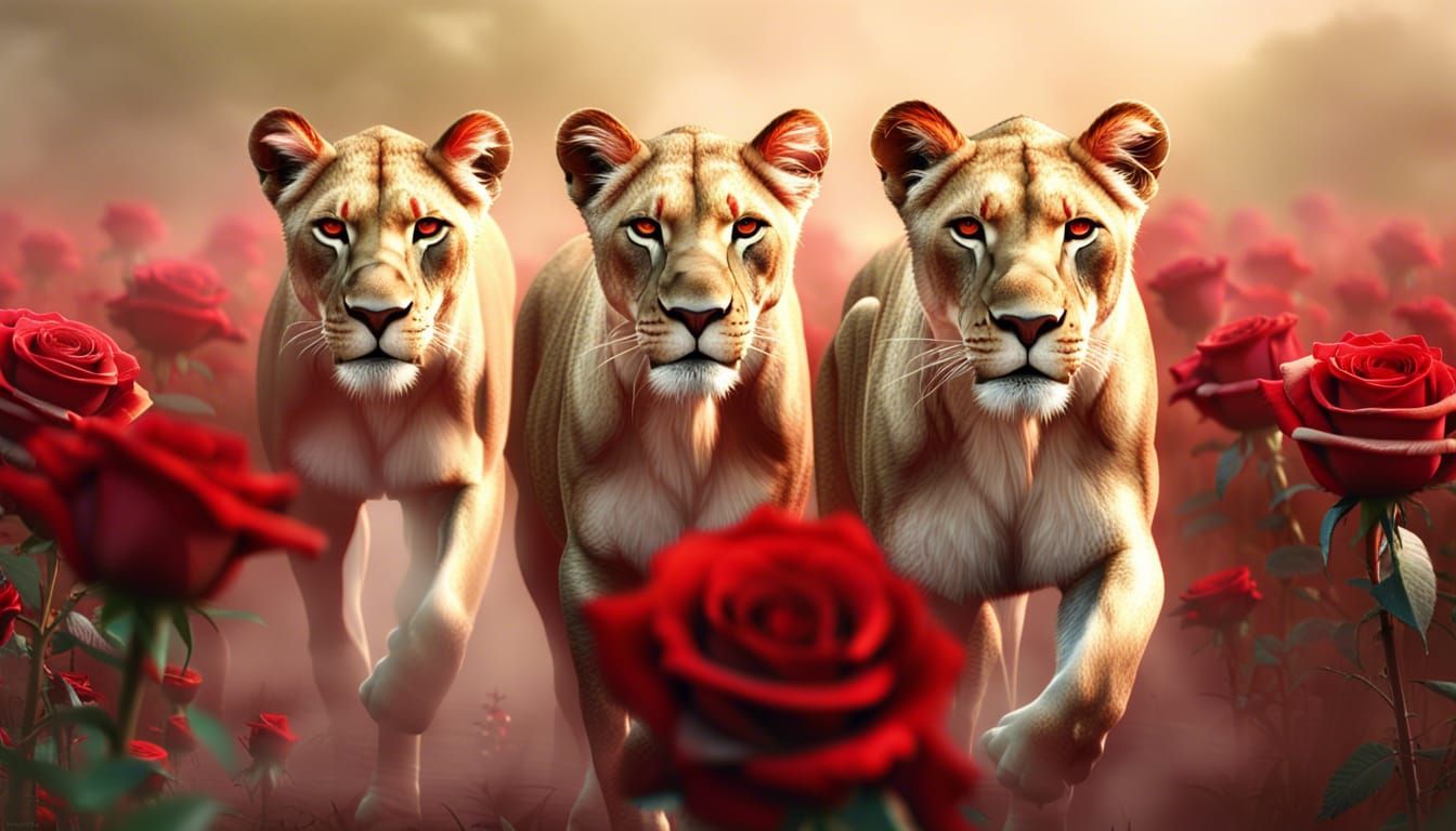 Magical Lionesses in Rose Field: 3D Digital Art