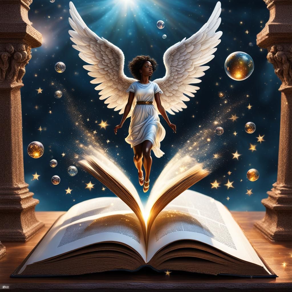 Miniature Angel Emerges from Book in Fantasy Art