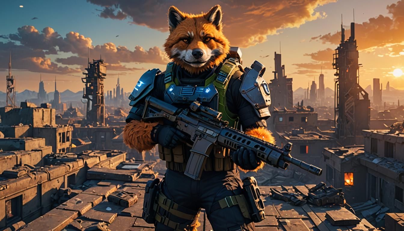 Furry Soldier on Ruined Rooftop at Sunset