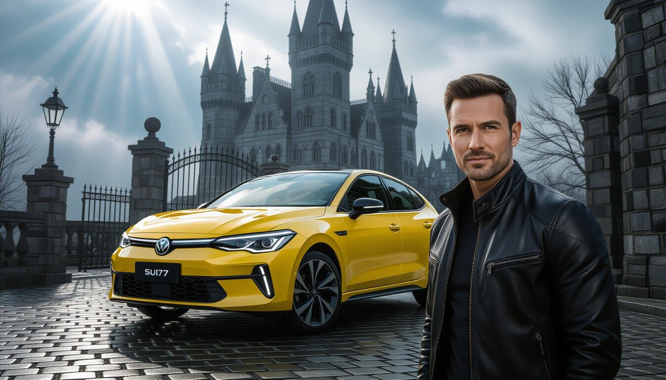 Handsome Man Poses With Yellow Xiaomi SU7 at Haunted Castle