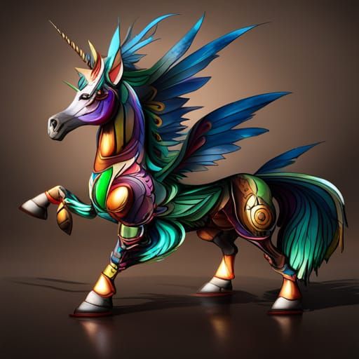 Magical Rainbow Unicorn Horse in Steampunk Armor