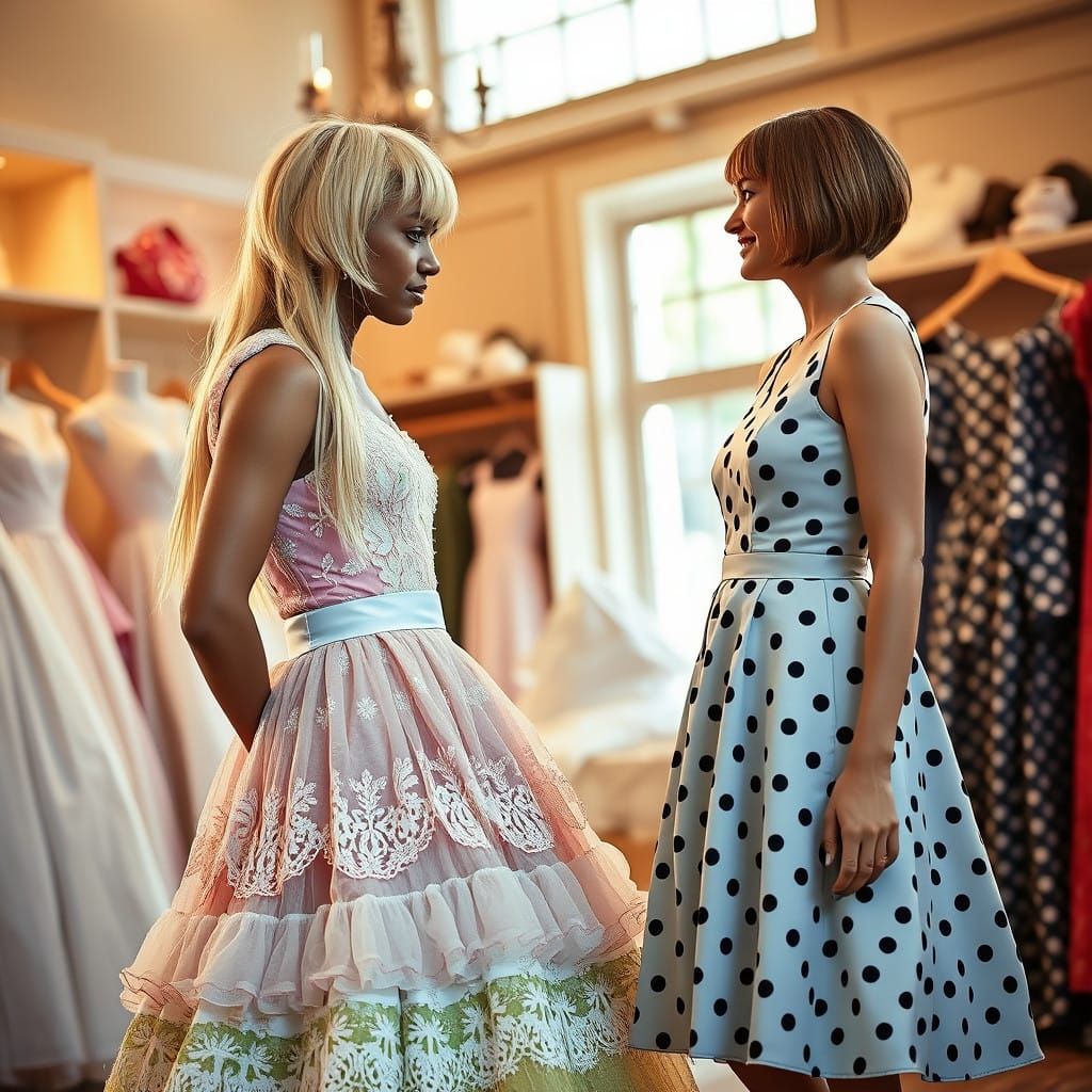 Young Man Assists Woman in Elegant Dress Shop