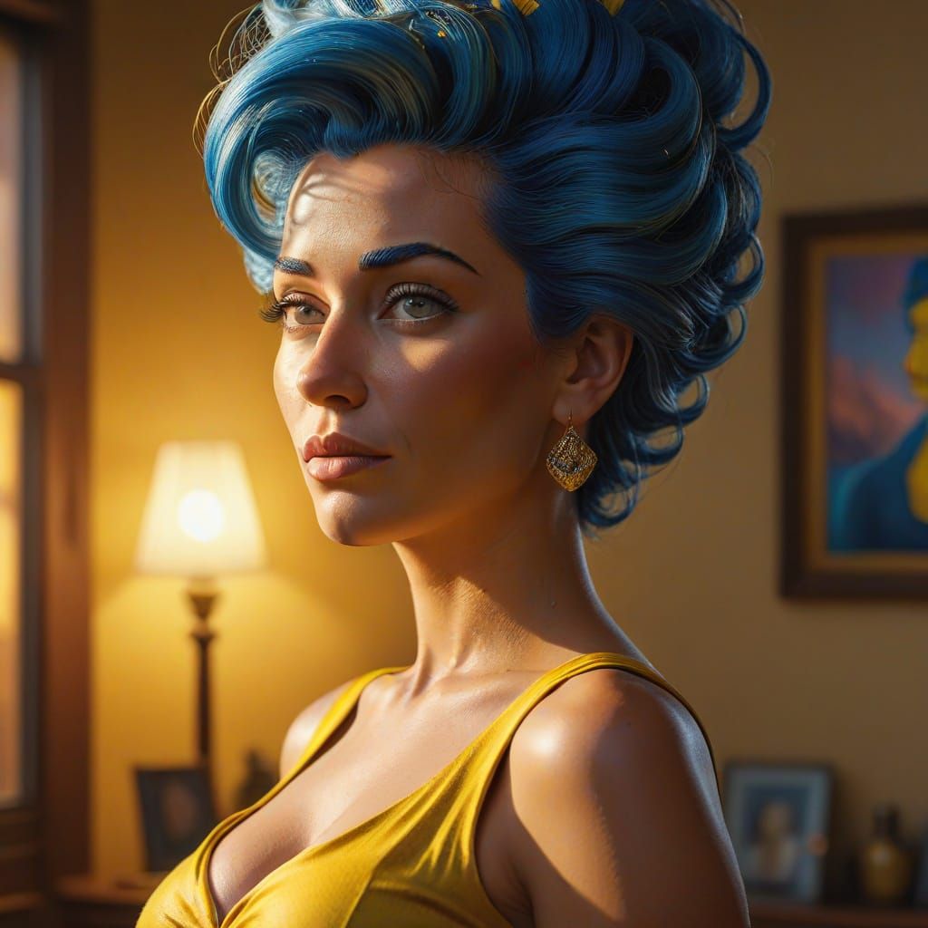 Photorealistic Marge Simpson Oil Painting in Golden Hour