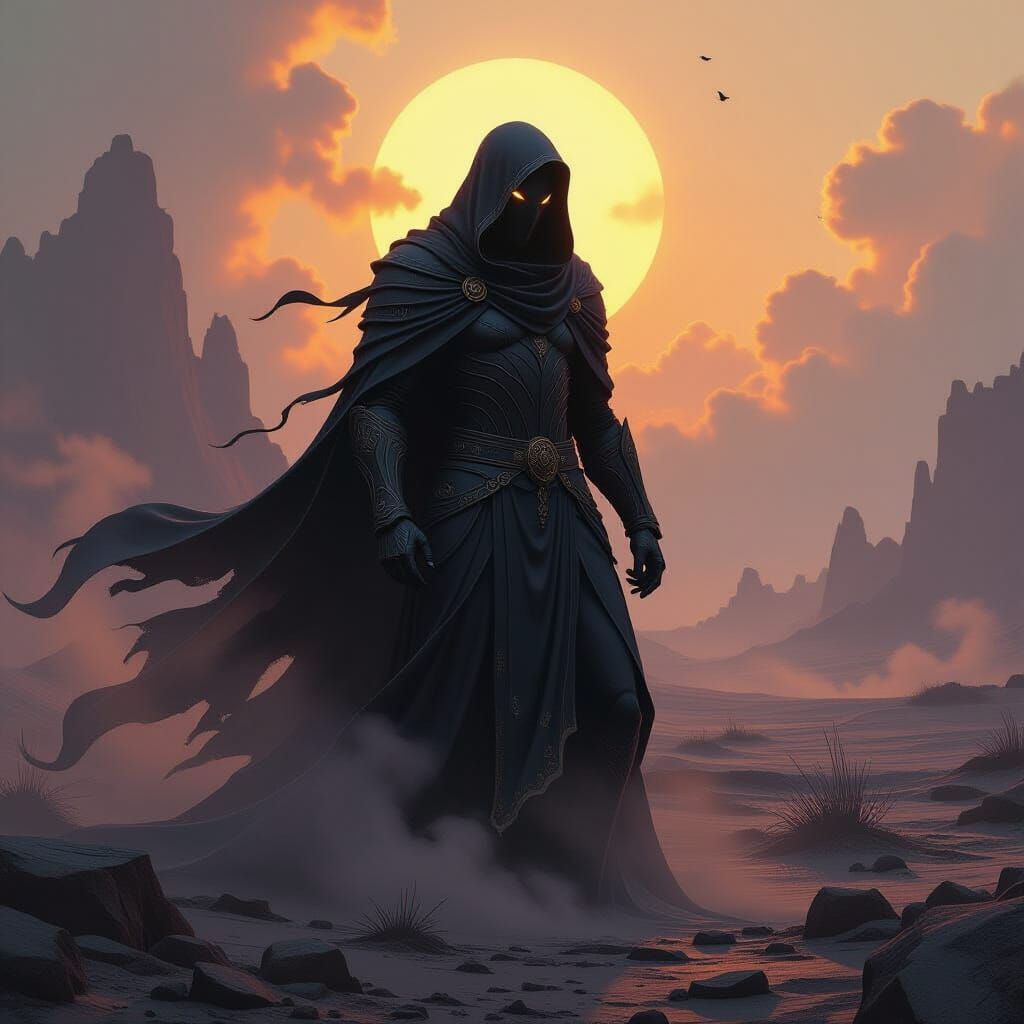 Shadowy Ash Being in Desolate Dark Fantasy Landscape