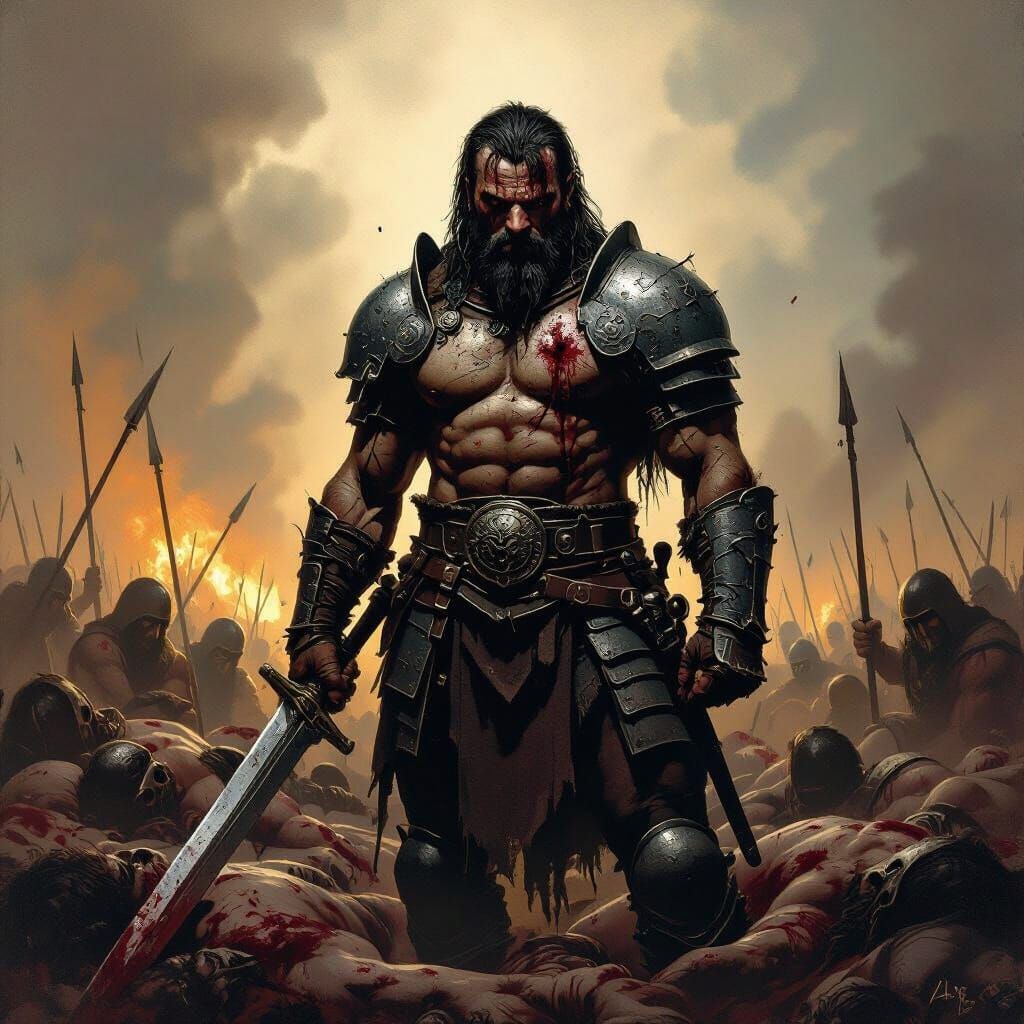 Battle-Scarred Warrior Amidst the Slain, in Dark Fantasy Sty...