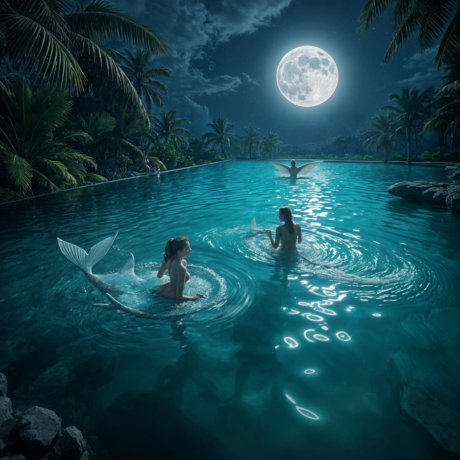 Glowing Moonlit Mermaids Dance in an Iridescent Pool