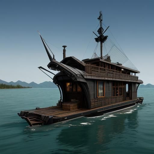 Sinister Houseboat Made of Scrap on Open Water