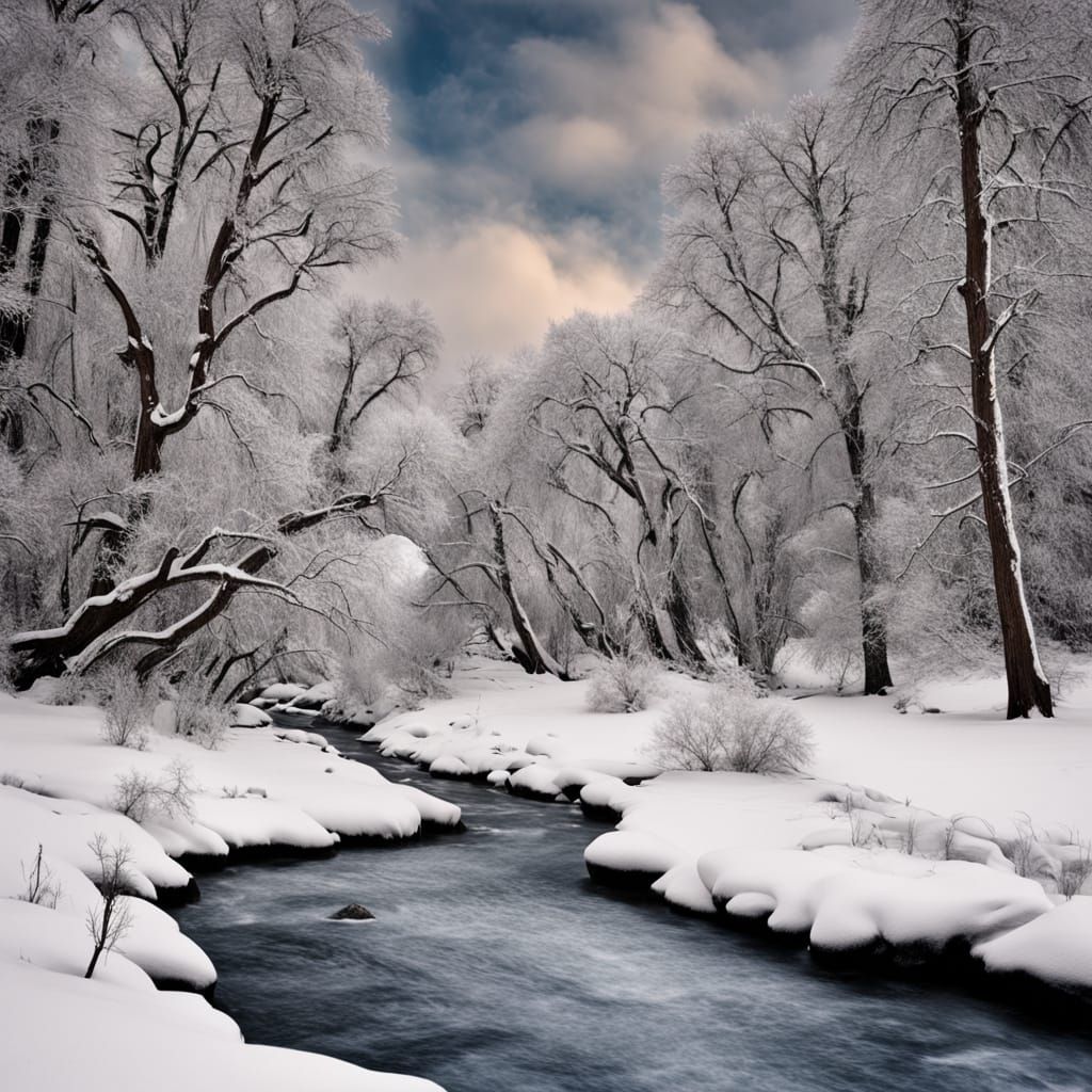 Serene Winter Wonderland in Ansel Adams Style