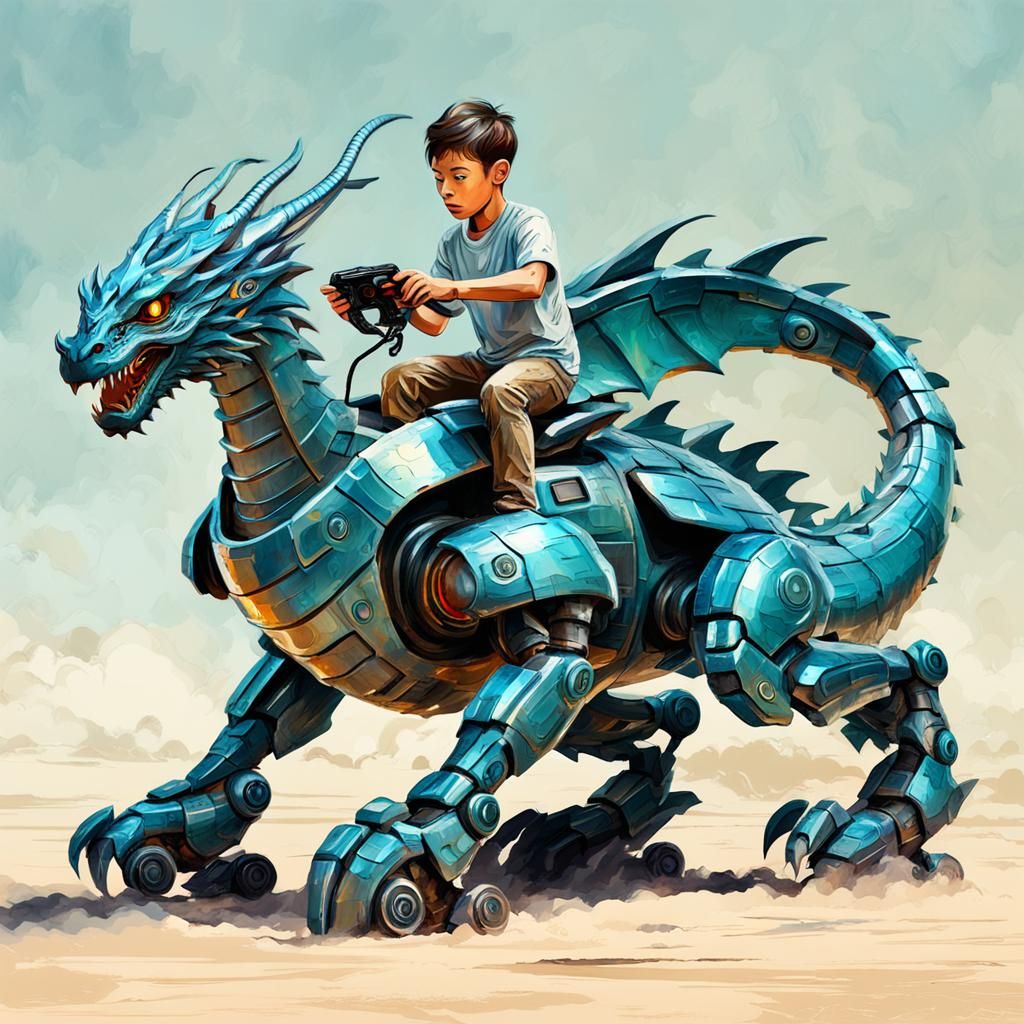 Boy Rides Futuristic Robot Dragon Toy as Impasto Painting