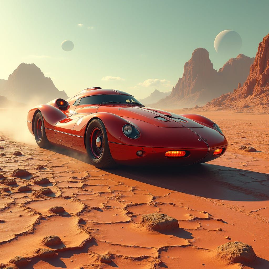 Futuristic Armored Vehicle Speeds Across Alien Lunar Landsca...