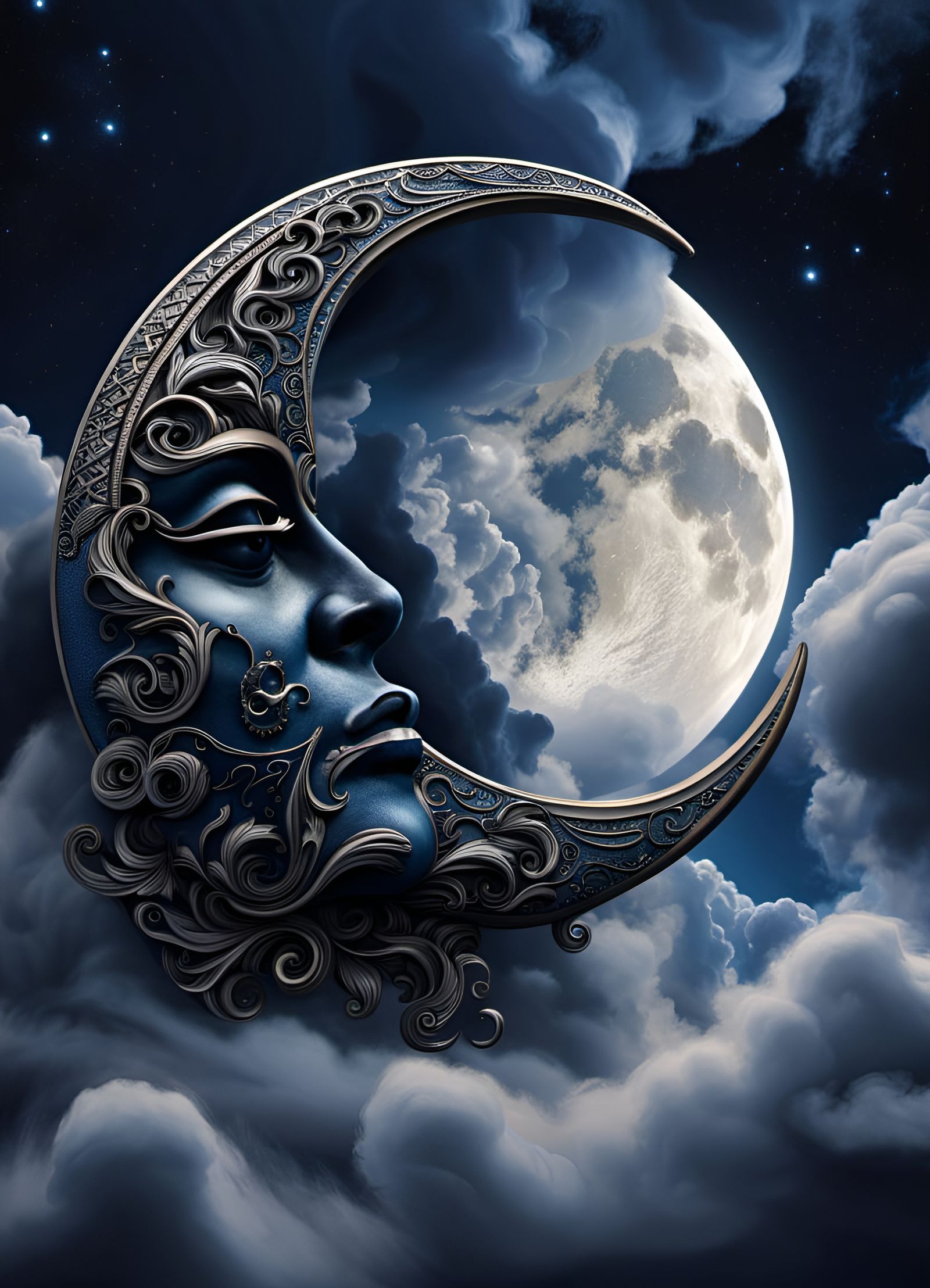 Detailed Crescent Moon with Face in Blue Hues