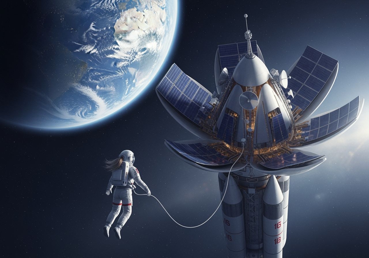 Astronaut and Solar Flower Spaceship in Space