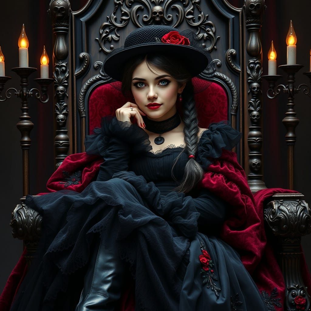 Medieval Gothic Woman in Opulent Dark Mahogany Throne