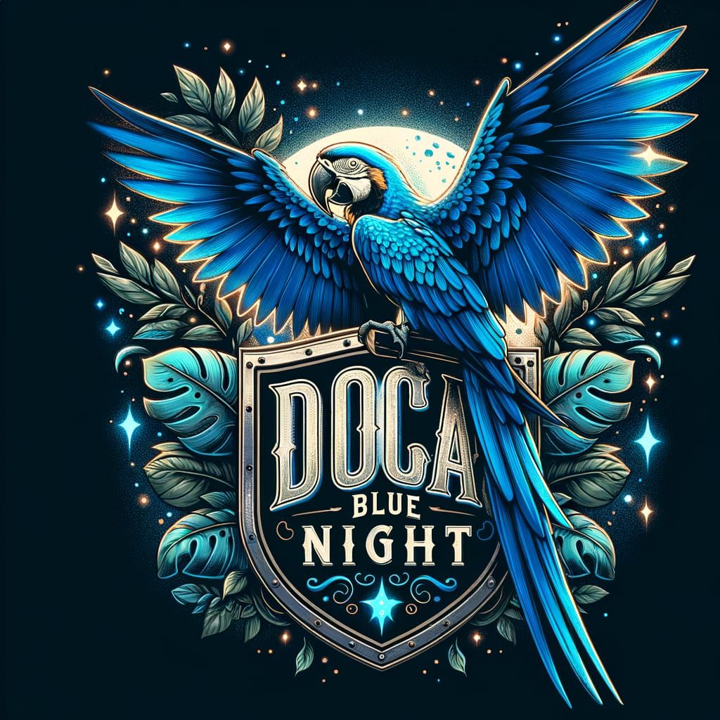 Vibrant Blue Macaw with 'Doca BLUE night' Shield Illustratio...