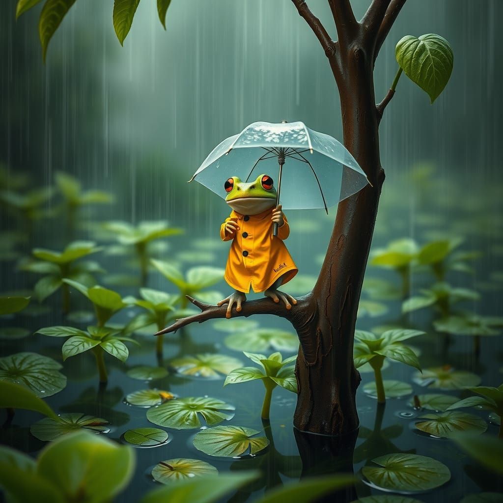 Frog in Raincoat in Pond, Impressionist Style