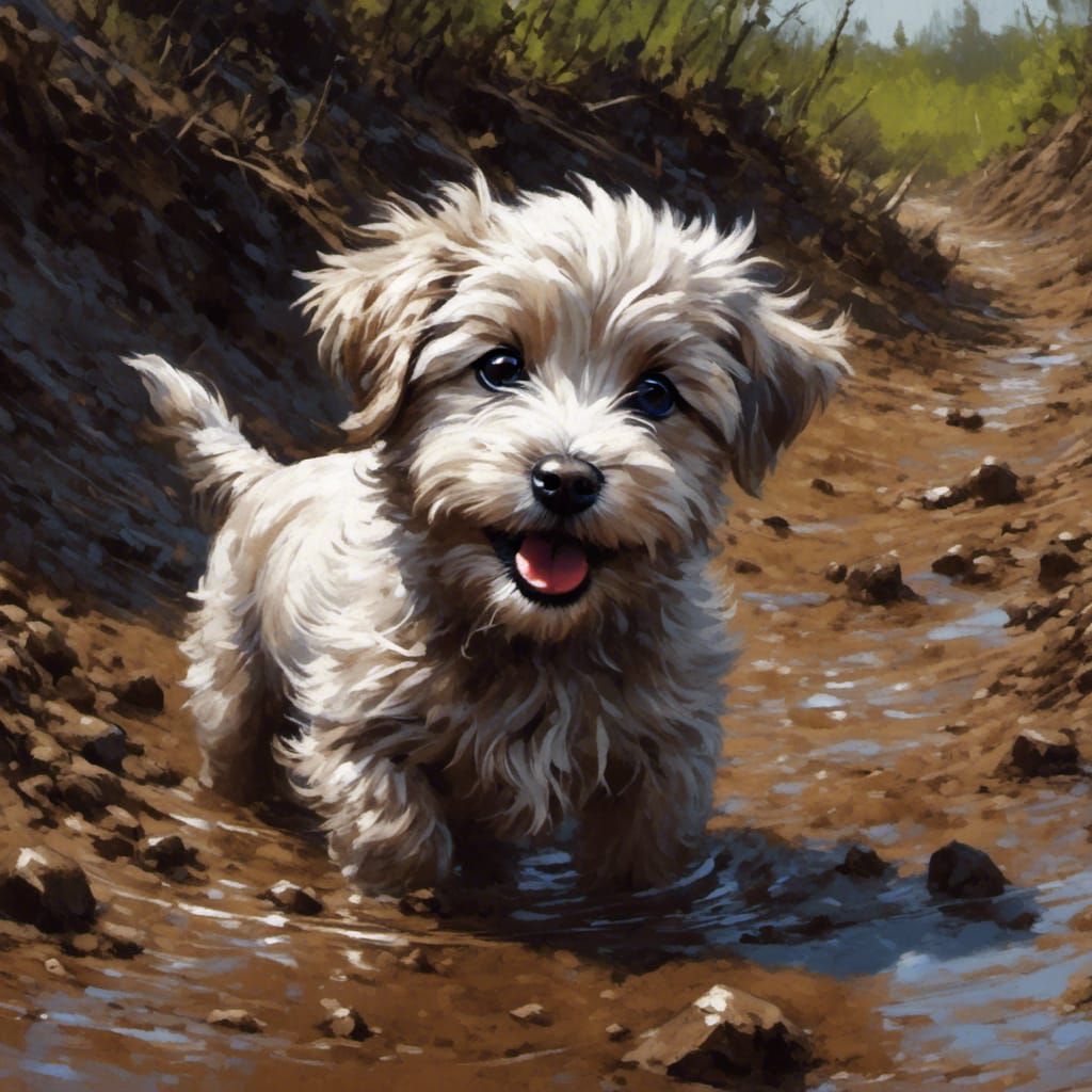 Cute Puppy Dog Playing in Mud: Concept Artwork
