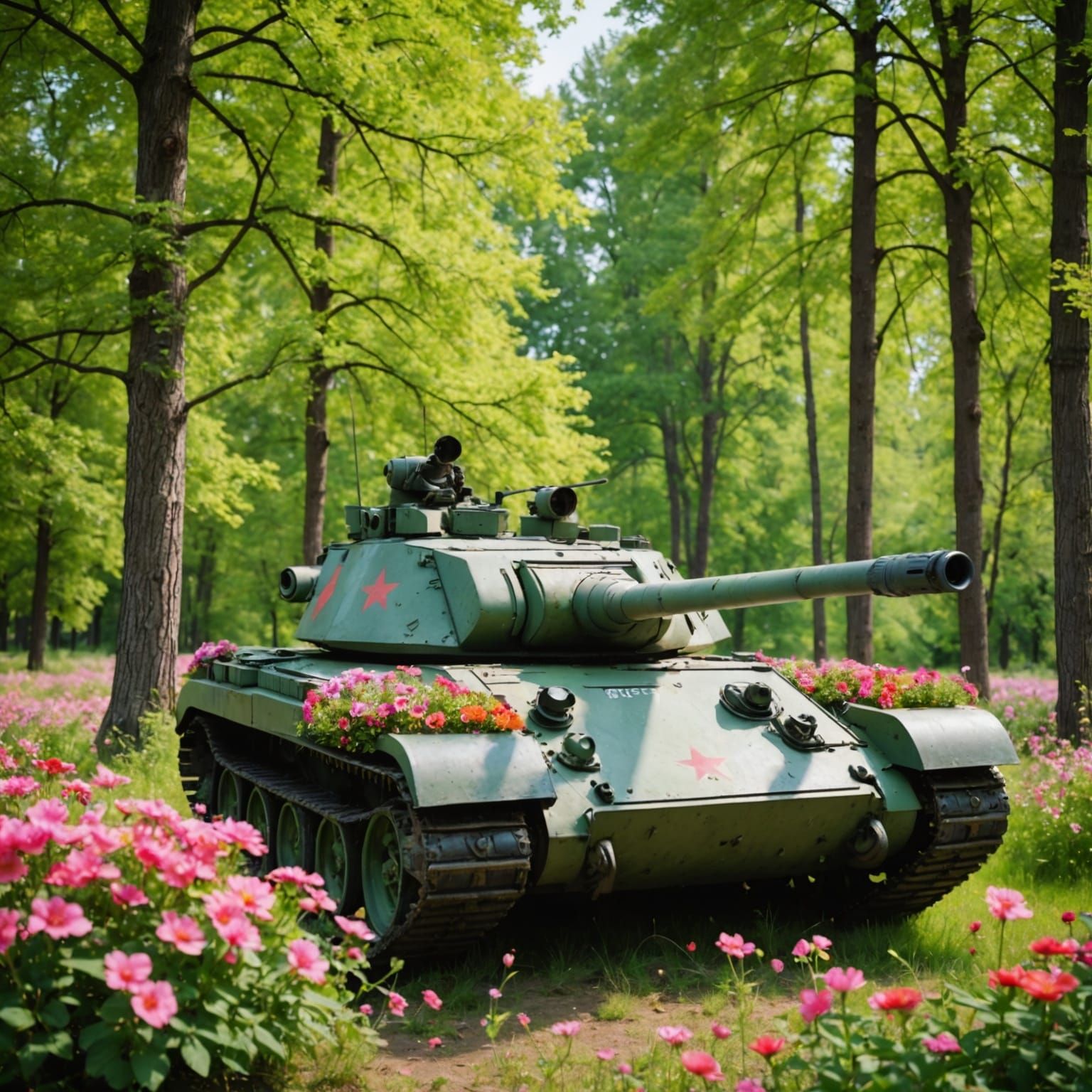 Tank Finds Peace: A Springtime Meadow Scene
