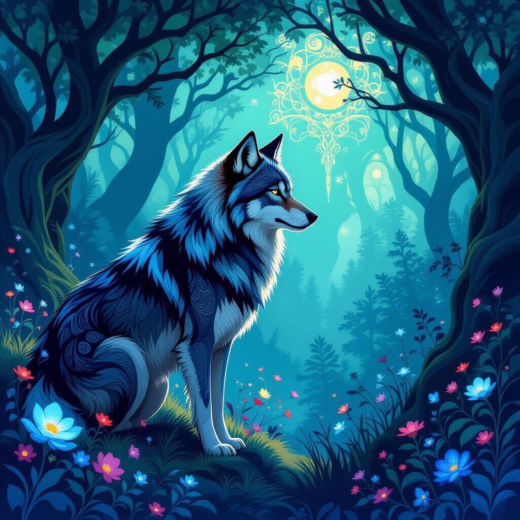 Art Nouveau Wolf Guards Glowing Forest Edge