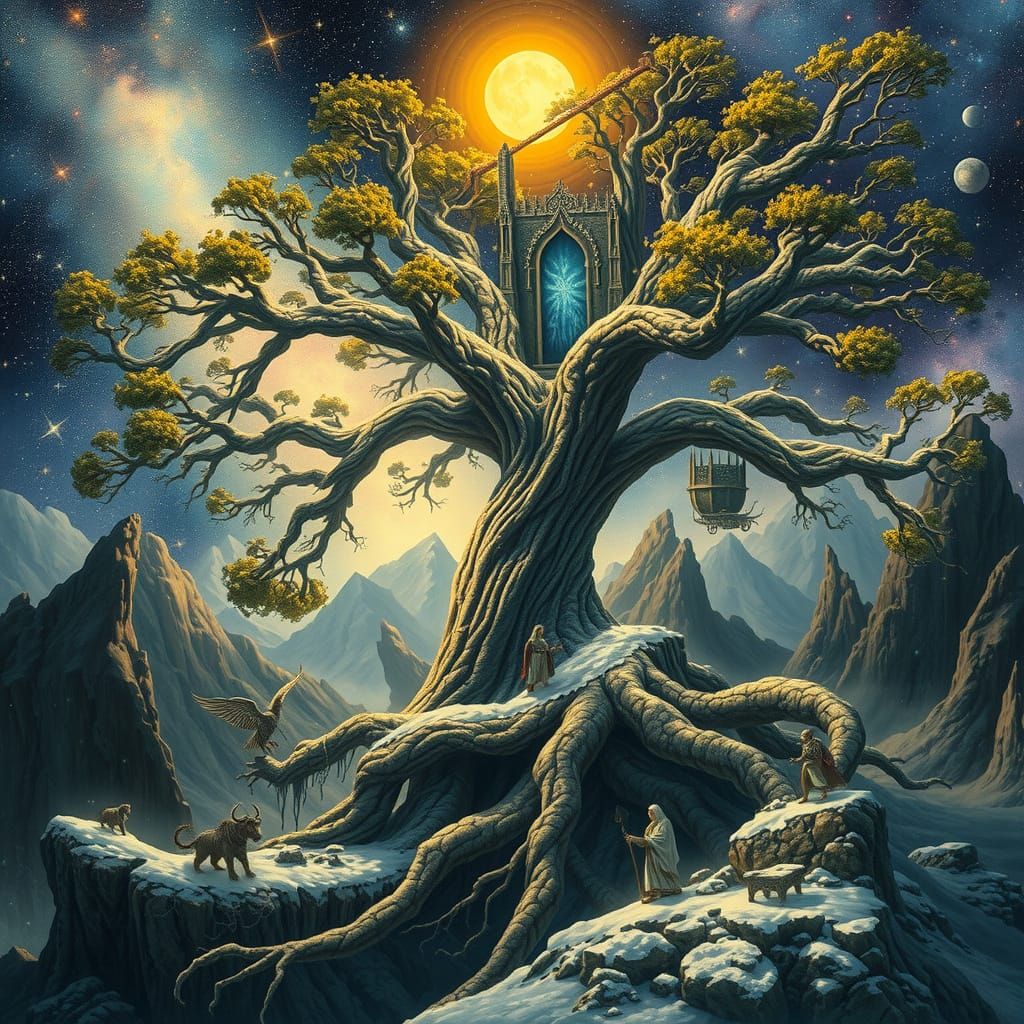 Cosmic Yggdrasil Tree Connects Nine Realms in Starry Norse U...