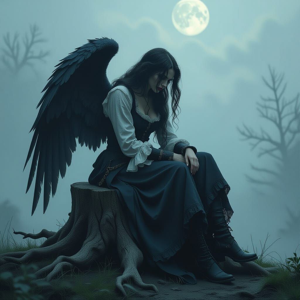Lonely Fallen Angel in Moonlit Victorian Scene