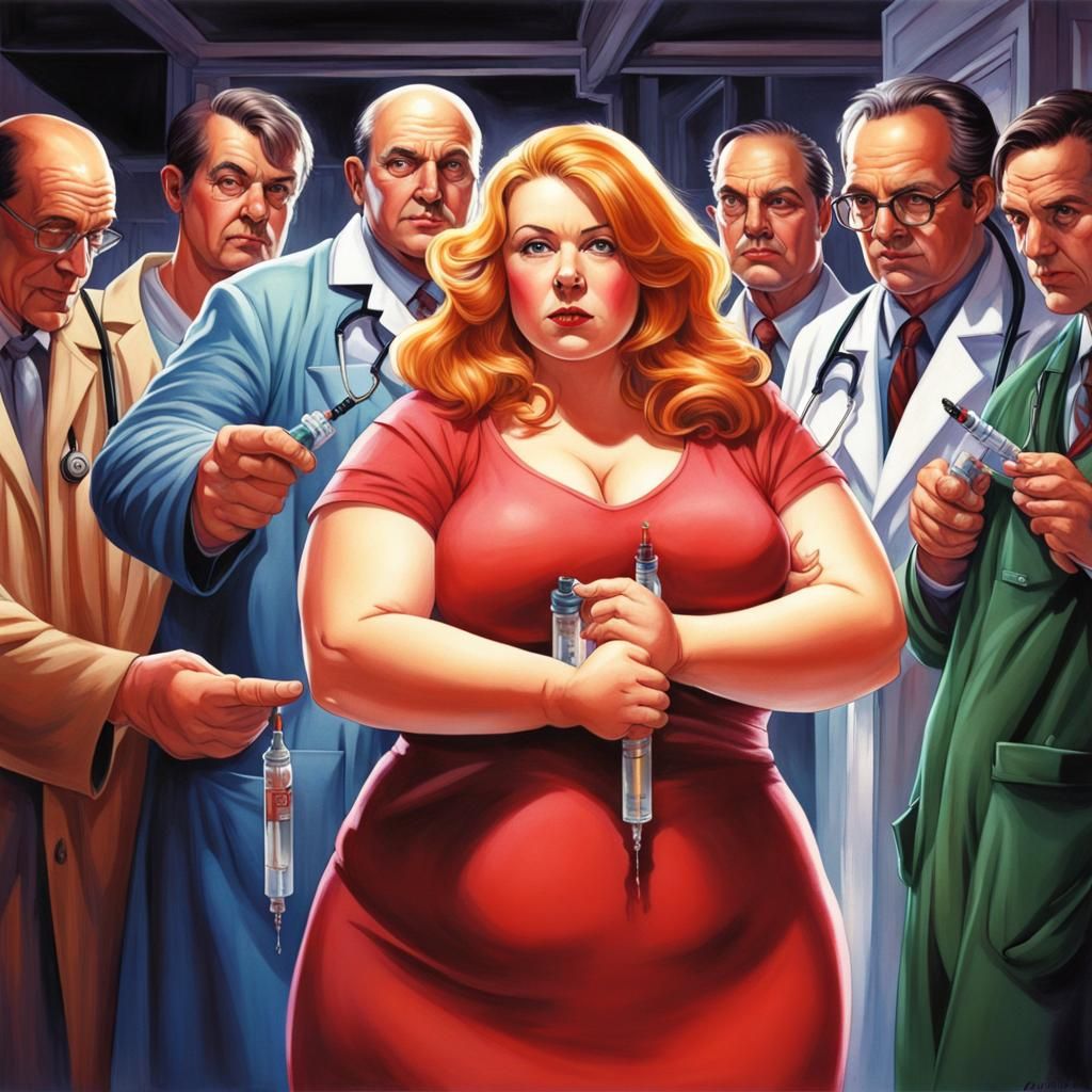 Plump Woman Surrounded by Doctors in Matte Colors