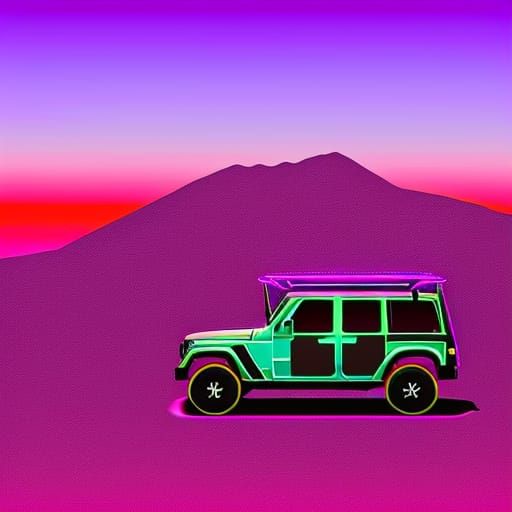 Jeep Silhouette on Mountain in Neon Synthwave Style