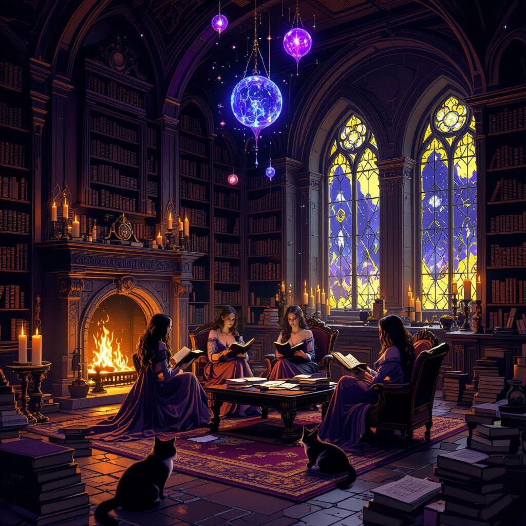 Magical Castle Library with Women, Cats, and Orbs