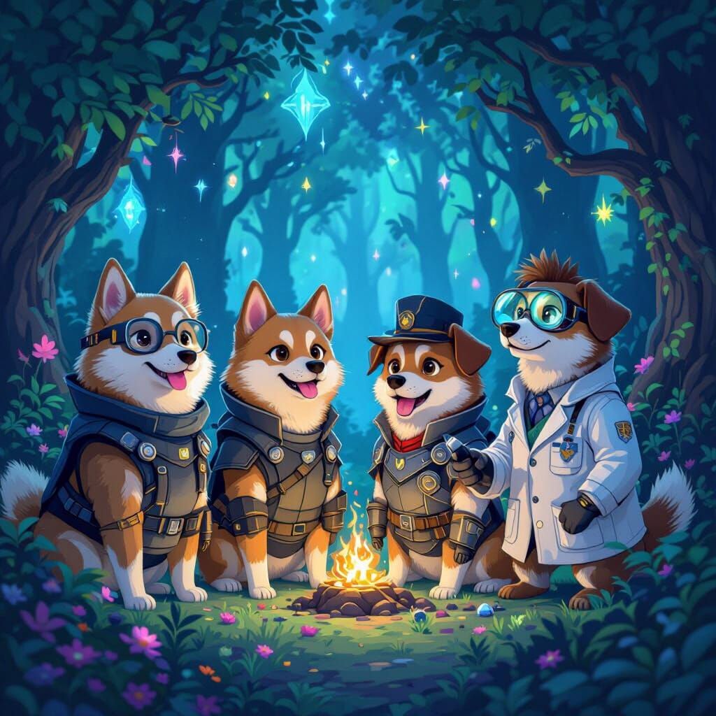 Doges' Magical Forest Adventure in Futuristic Style